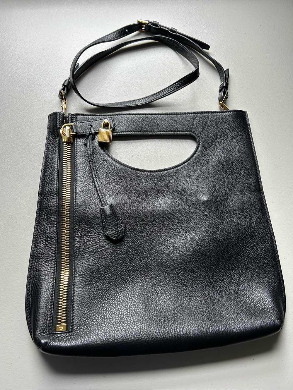 Tom Ford Alix Padlock Zip Tote Black Grained Leather Foldover Shoulder Bag